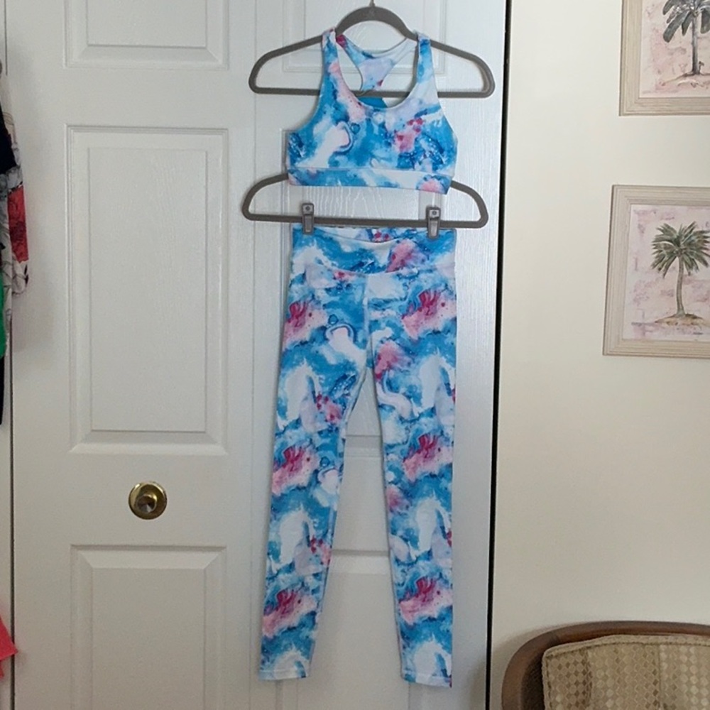 DSG Matching Active Wear Set Blue and Pink Tie-Dye Sports Bra and Leggings